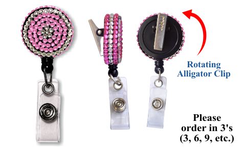 Retractable Badge Holder with Pink & Clear Rhinestones