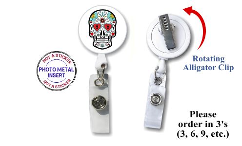 Retractable Badge Holder with Photo Metal: White Sugar Skull