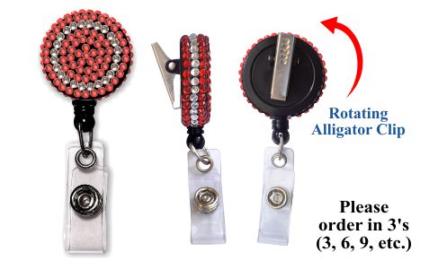 Retractable Badge Holder with Red & Clear Rhinestones