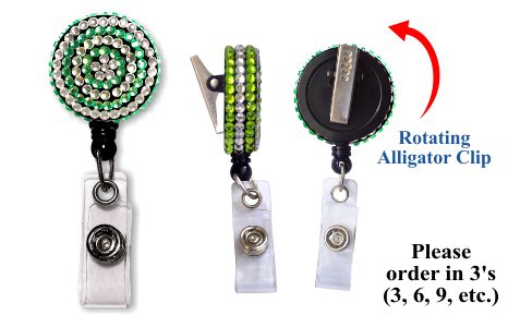 Retractable Badge Holder with Green & Clear Rhinestones