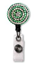 Retractable Badge Holder with Green & Clear Rhinestones