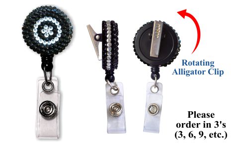 Retractable Badge Holder with Black & Clear Rhinestones