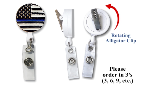 Retractable Badge Holder with ENAMEL Thin Blue Line Flag