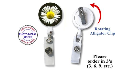Retractable Badge Holder with Photo Metal: White Daisy