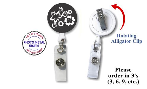 Retractable Badge Holder with Photo Metal: Black and White Flowers