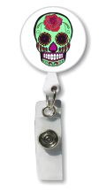 Retractable Badge Holder with Photo Metal:  Green Sugar Skull