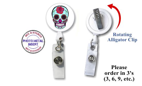 Retractable Badge Holder with Photo Metal:  Blue Sugar Skull