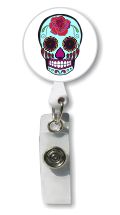 Retractable Badge Holder with Photo Metal:  Blue Sugar Skull