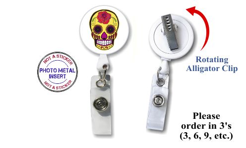 Retractable Badge Holder with Photo Metal: Yellow Sugar Skull