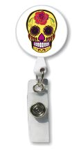 Retractable Badge Holder with Photo Metal: Yellow Sugar Skull