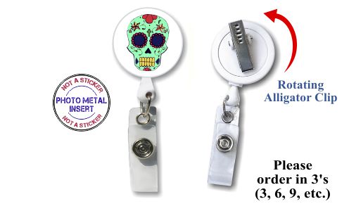 Retractable Badge Holder with Photo Metal:  Green Sugar Skull