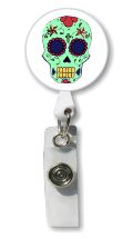 Retractable Badge Holder with Photo Metal:  Green Sugar Skull