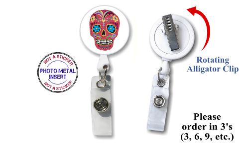 Retractable Badge Holder with Photo Metal:  Red Sugar Skull