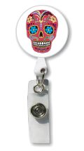 Retractable Badge Holder with Photo Metal:  Red Sugar Skull