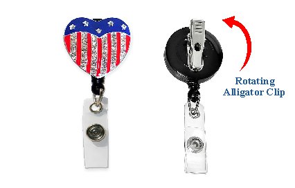 Rhinestone Retractable Badge Holder Flag Heart