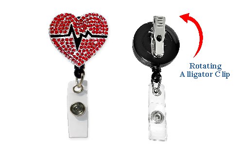 Rhinestone Retractable Badge Holder EKG Heart