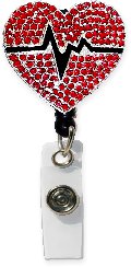 Rhinestone Retractable Badge Holder EKG Heart